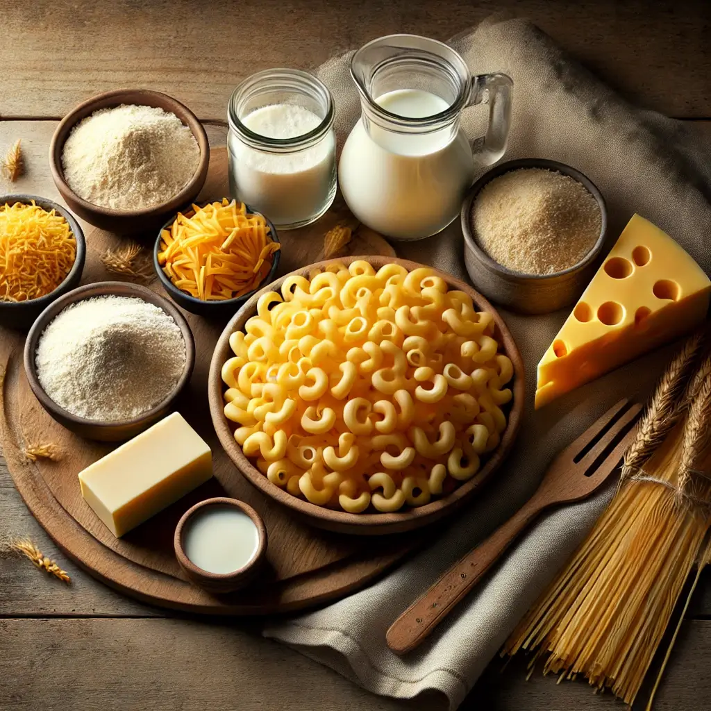 A flat-lay of ingredients for baked macaroni and cheese, featuring elbow macaroni, shredded cheddar cheese, grated Parmesan, butter, flour, milk, breadcrumbs, and a wedge of Swiss cheese on a rustic wooden surface.