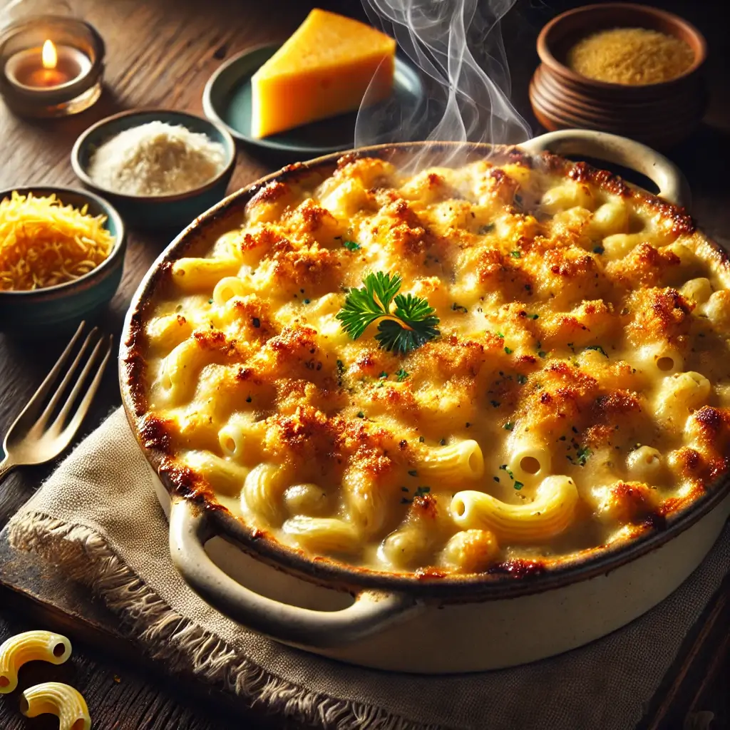 A rustic casserole dish filled with golden-brown baked macaroni and cheese, topped with crispy breadcrumbs, resting on a wooden table with a serving spoon beside it.