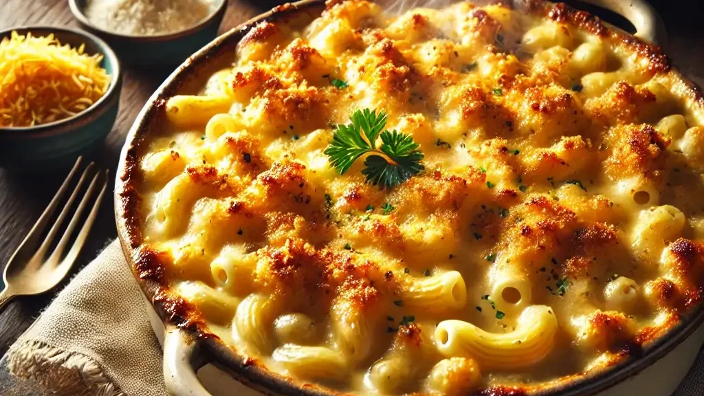 A rustic casserole dish filled with golden-brown baked macaroni and cheese, topped with crispy breadcrumbs, resting on a wooden table with a serving spoon beside it.