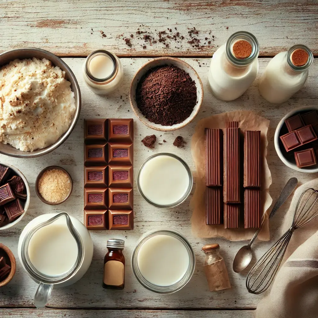 Top-down view of ingredients for Chocolate Eclair Ice Cream, including heavy cream, condensed milk, chocolate, crushed cookies, and vanilla extract on a wooden table.