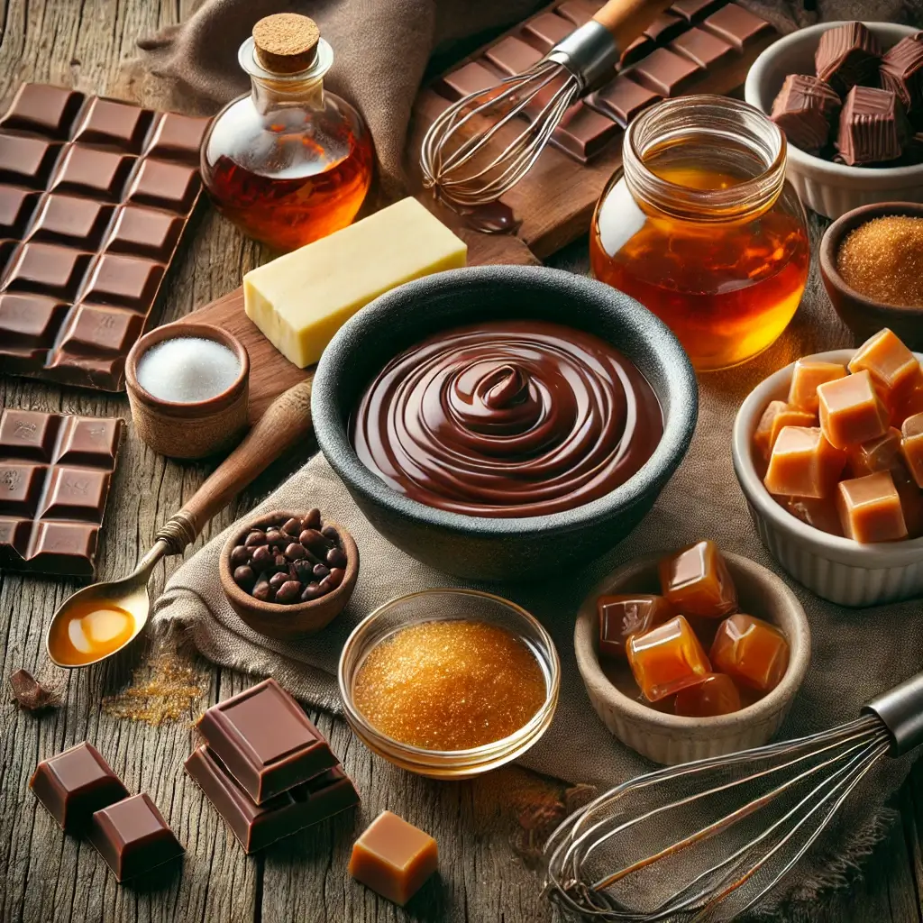 Ingredients for making chocolate and caramel candy arranged on a wooden table.