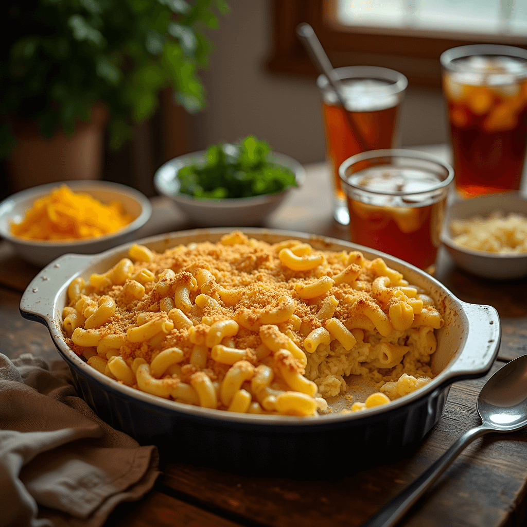 A rustic casserole dish filled with golden-brown baked macaroni and cheese, topped with crispy breadcrumbs, resting on a wooden table with a serving spoon beside it.