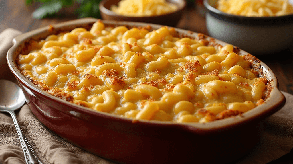 A rustic casserole dish filled with golden-brown baked macaroni and cheese, topped with crispy breadcrumbs, resting on a wooden table with a serving spoon beside it.