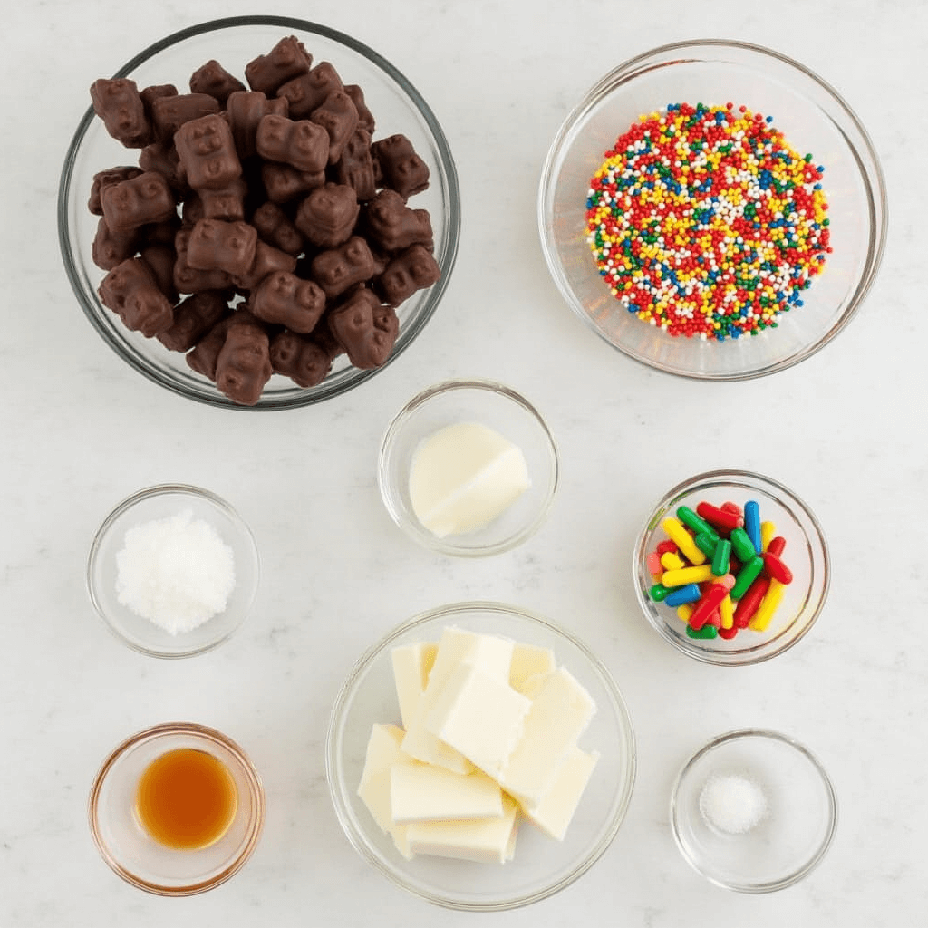 Ingredients for making chocolate-covered gummy bears, including gummy bears, chocolate, and optional toppings.