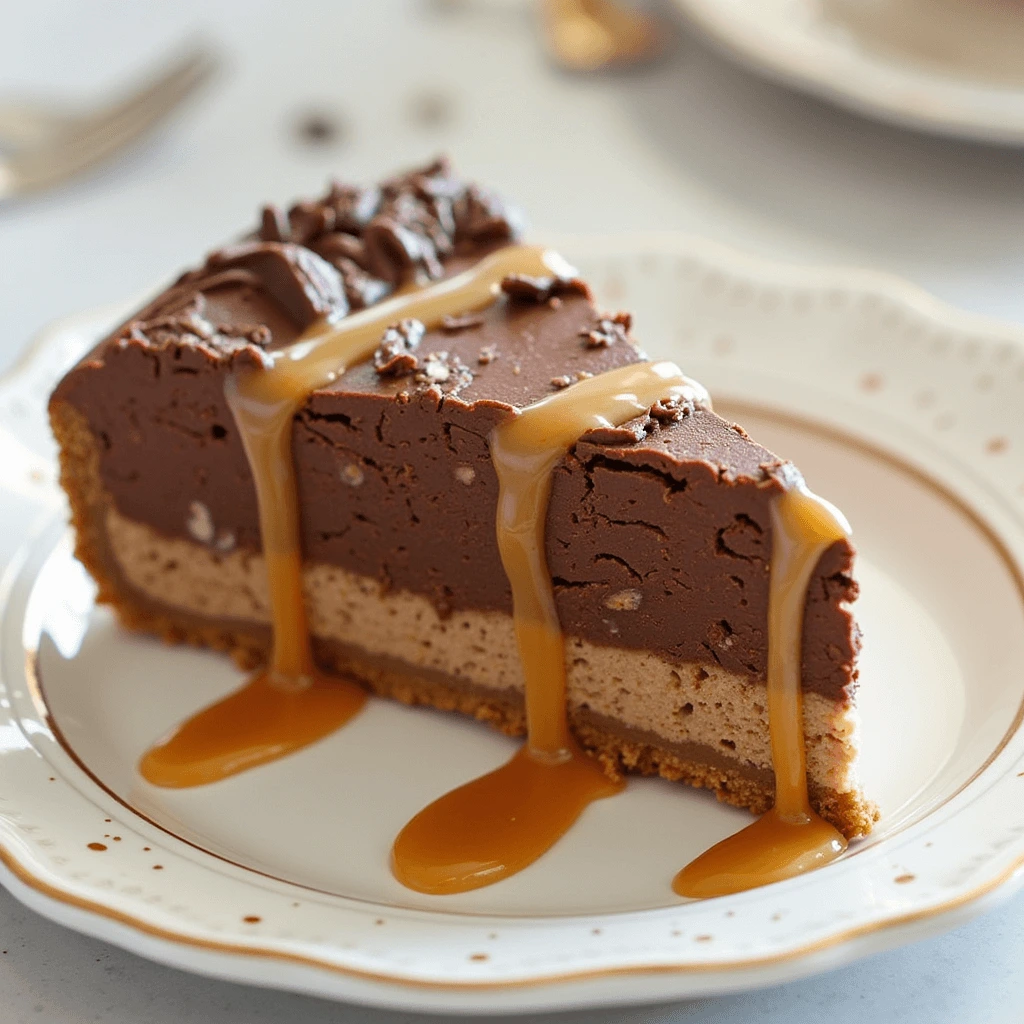 rich and creamy chocolate and caramel cheesecake topped with a luscious caramel drizzle.