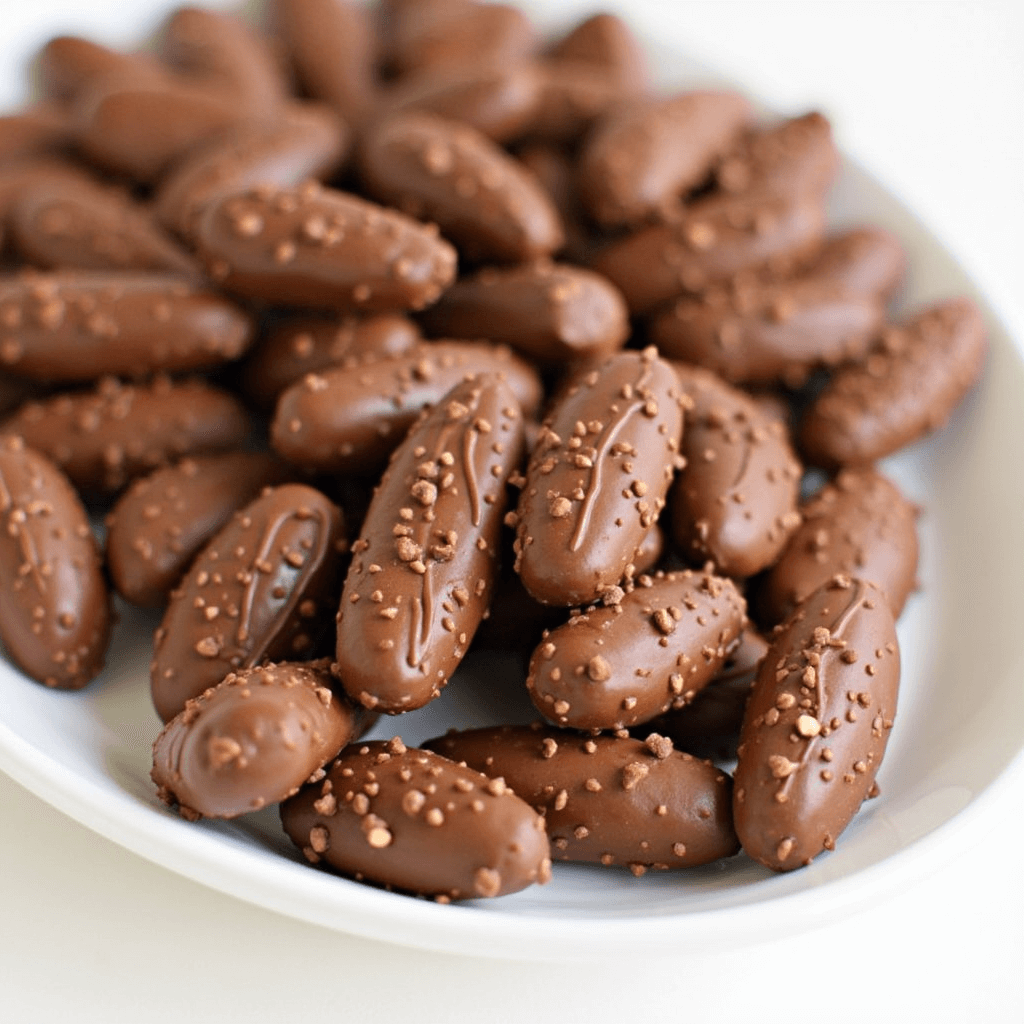 A close-up of delicious homemade chocolate-covered almonds, perfectly coated in rich chocolate with a glossy finish, arranged neatly on parchment paper.