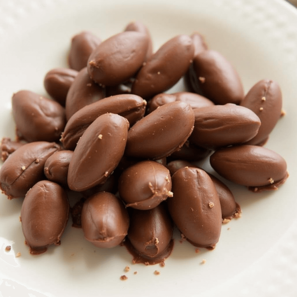 A close-up of delicious homemade chocolate-covered almonds, perfectly coated in rich chocolate with a glossy finish, arranged neatly on parchment paper.