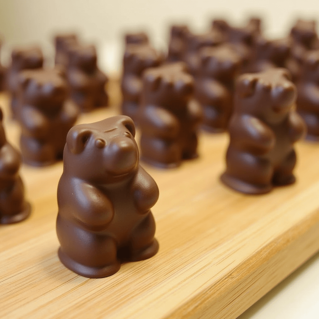 Chocolate-covered gummy bears on a plate with a glossy coating