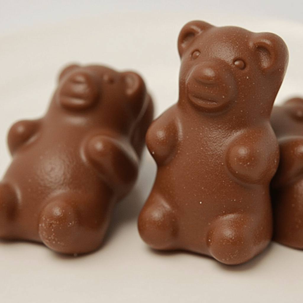 Chocolate-covered gummy bears on a plate with a glossy coating