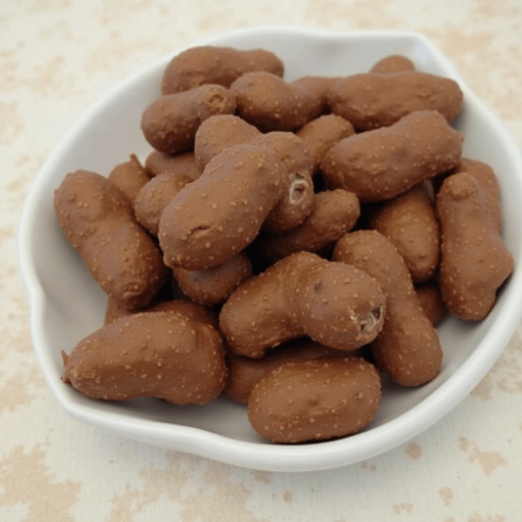 A close-up of delicious homemade chocolate-covered peanuts, with a glossy layer of chocolate, arranged on a parchment-lined tray, ready to be enjoyed.