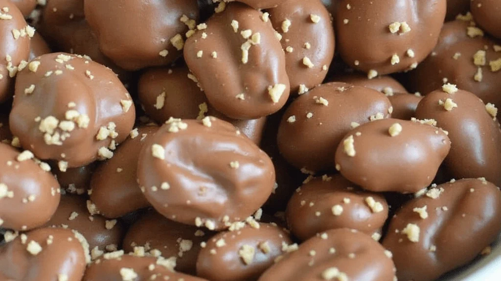 A close-up of delicious homemade chocolate-covered peanuts, with a glossy layer of chocolate, arranged on a parchment-lined tray, ready to be enjoyed.