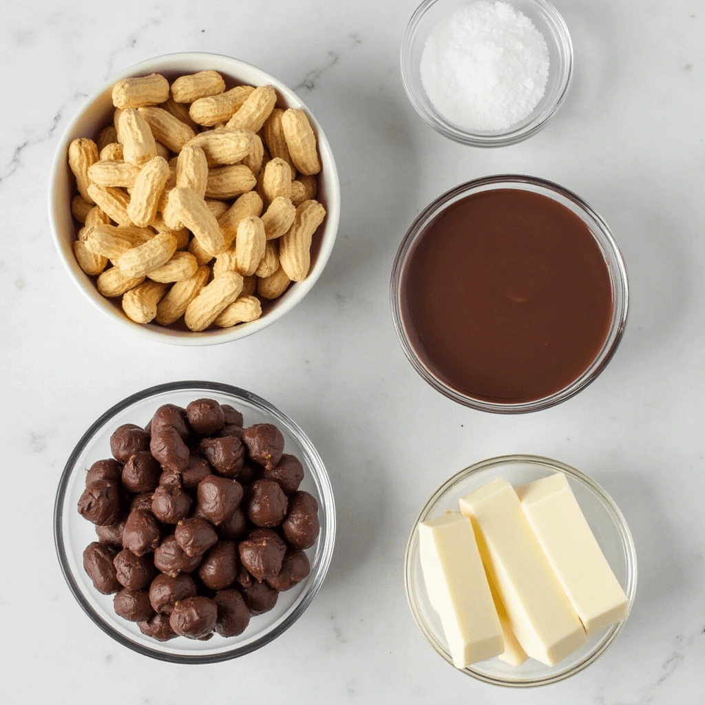 A flat lay of ingredients for making chocolate-covered peanuts: peanuts, milk chocolate, dark chocolate, white chocolate, and sea salt, neatly arranged on a kitchen table.

