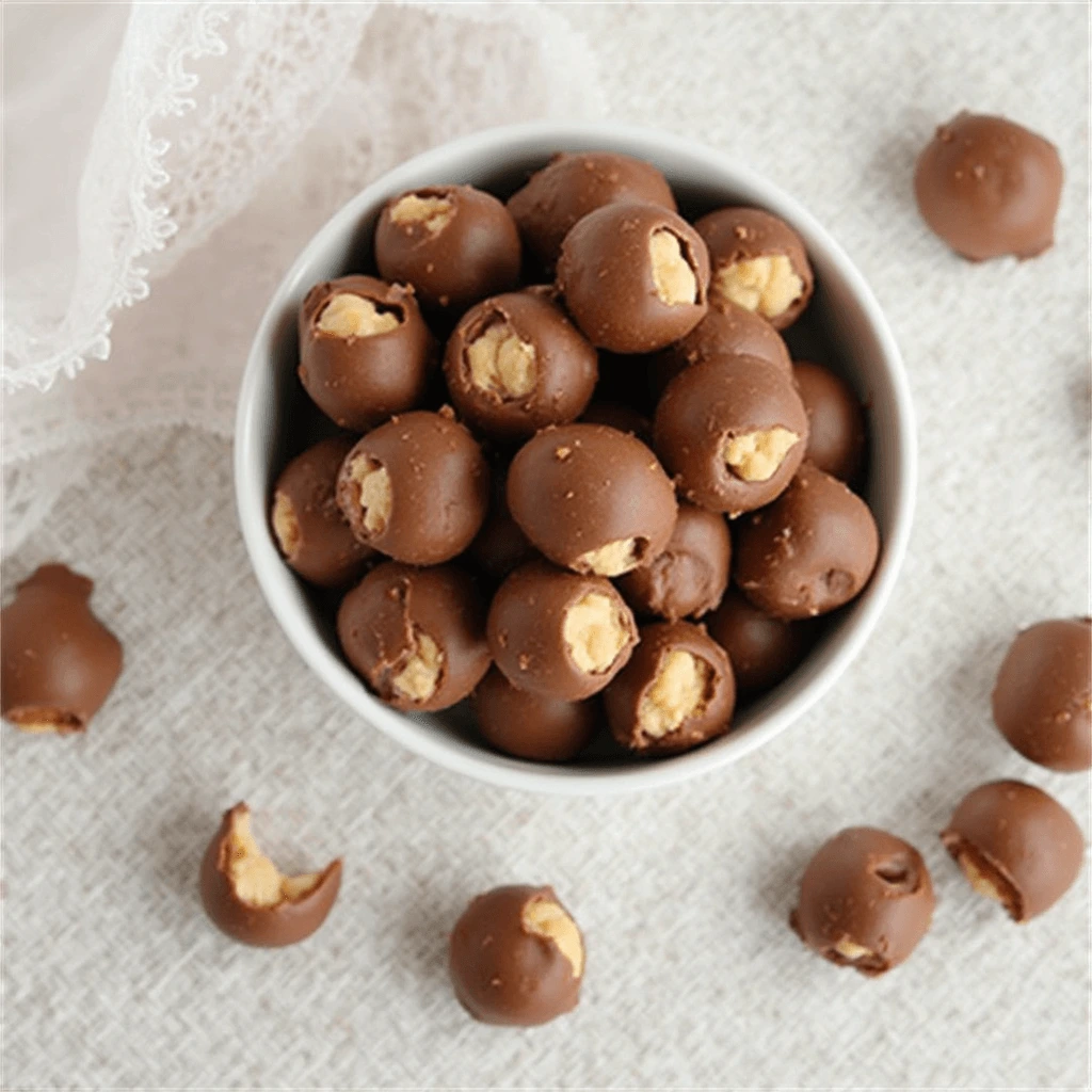 A close-up of delicious homemade chocolate-covered peanuts, with a glossy layer of chocolate, arranged on a parchment-lined tray, ready to be enjoyed.