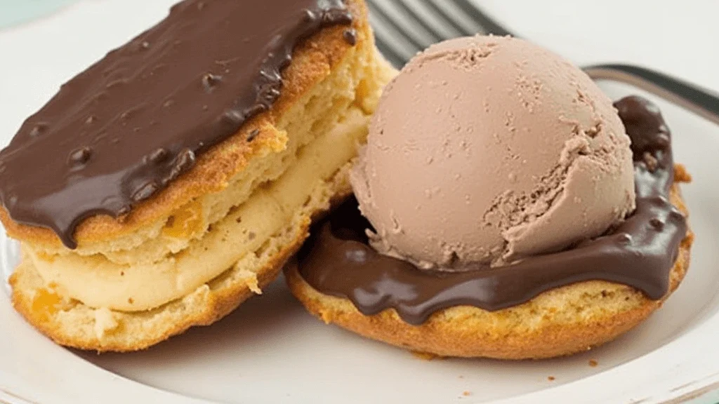 Chocolate Eclair Ice Cream served on top of small, elegant cakes, with a drizzle of chocolate sauce and sprinkles, placed on a white plate on a marble table.