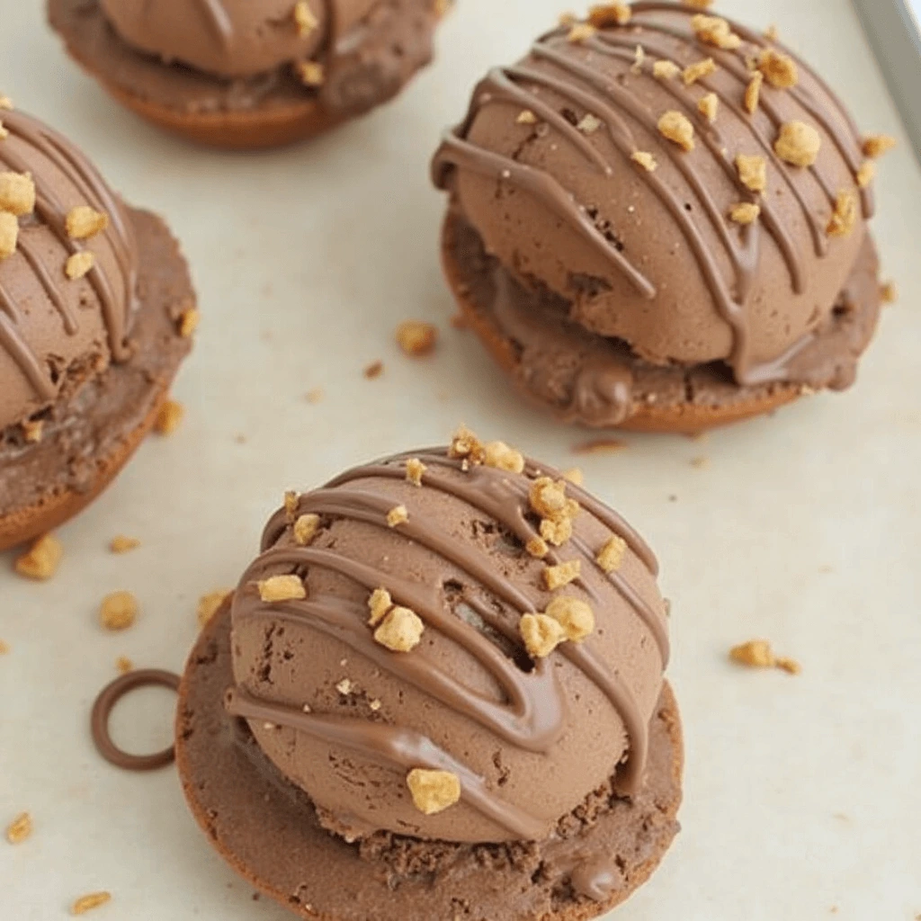 Chocolate Eclair Ice Cream served on top of small, elegant cakes, with a drizzle of chocolate sauce and sprinkles, placed on a white plate on a marble table.