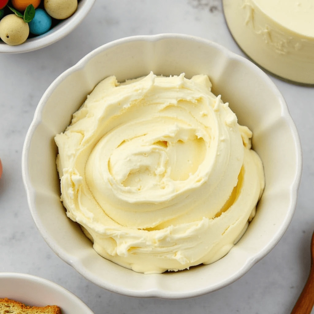 A delicious bowl of cream cheese filling surrounded by ingredients like butter, powdered sugar, and vanilla, ready to be used in cakes and pastries.