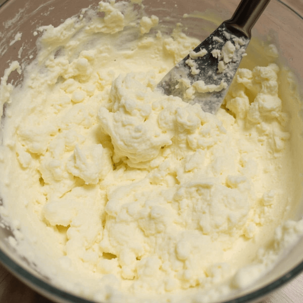 Philadelphia cream cheese filling in a bowl with a spatula, ready for cakes and pastries.