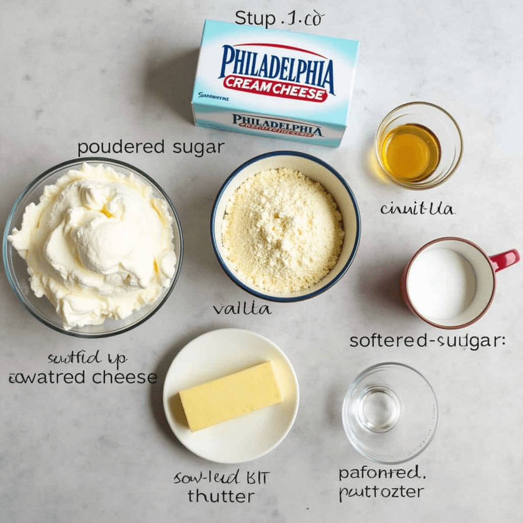 Ingredients for Philadelphia Cream Cheese Filling: Philadelphia Cream Cheese, sugar, powdered sugar, vanilla extract, salt, softened butter.