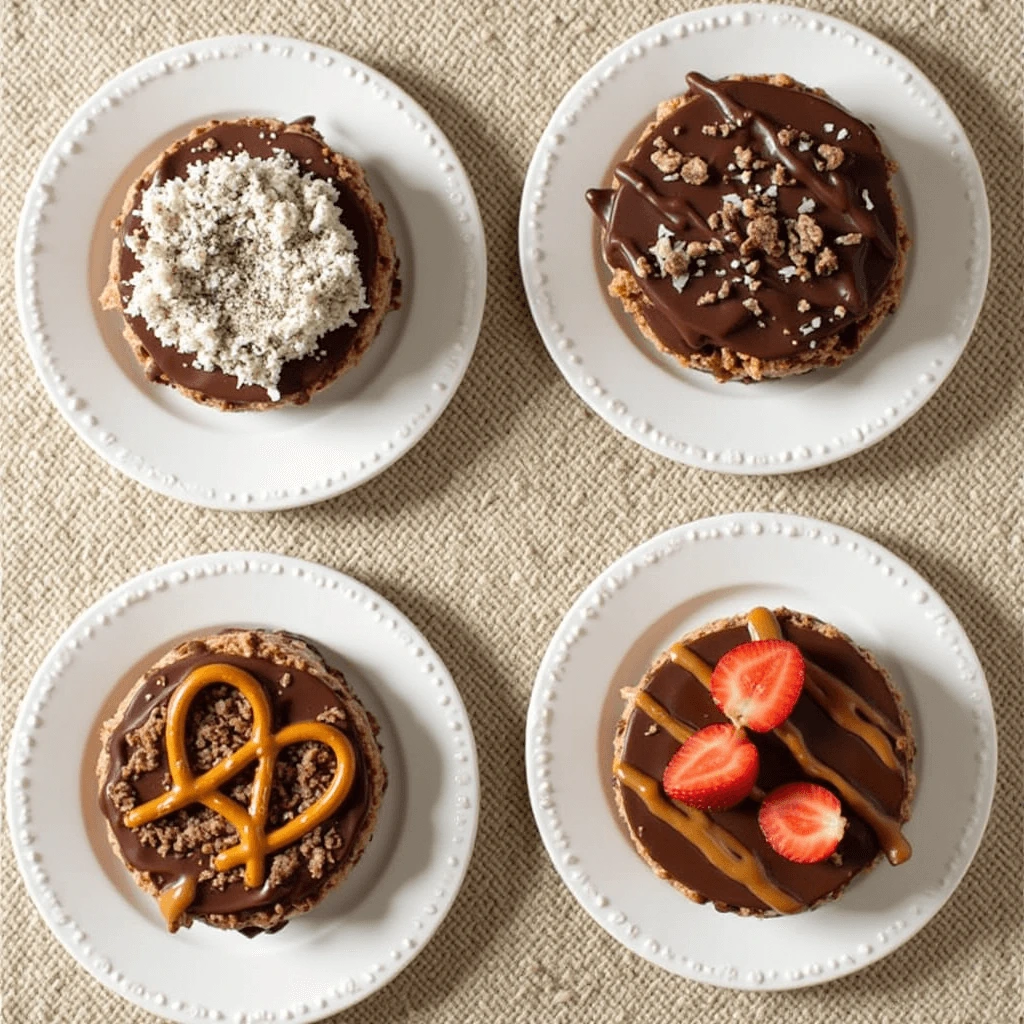 Four plates of chocolate rice cake variations, each featuring unique toppings like fruits, nuts, caramel drizzle, and sprinkles