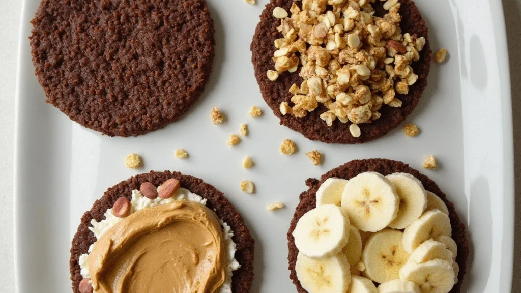 Four plates of chocolate rice cake variations, each featuring unique toppings like fruits, nuts, caramel drizzle, and sprinkles