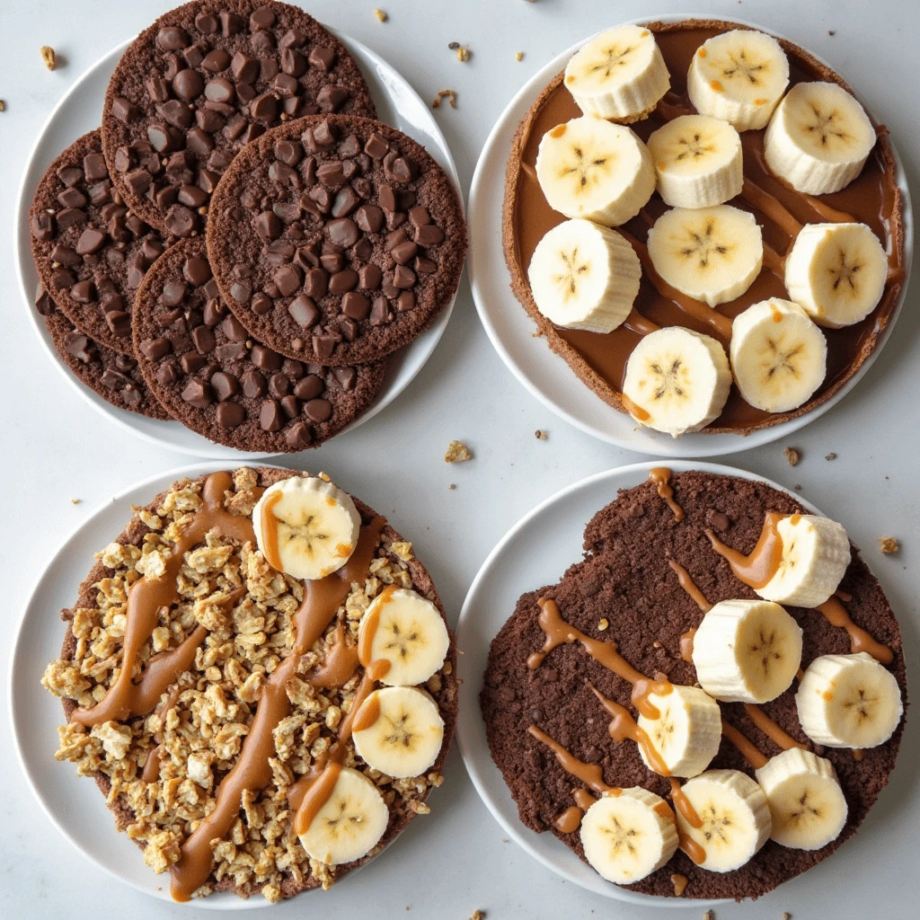 Four plates of chocolate rice cake variations, each featuring unique toppings like fruits, nuts, caramel drizzle, and sprinkles