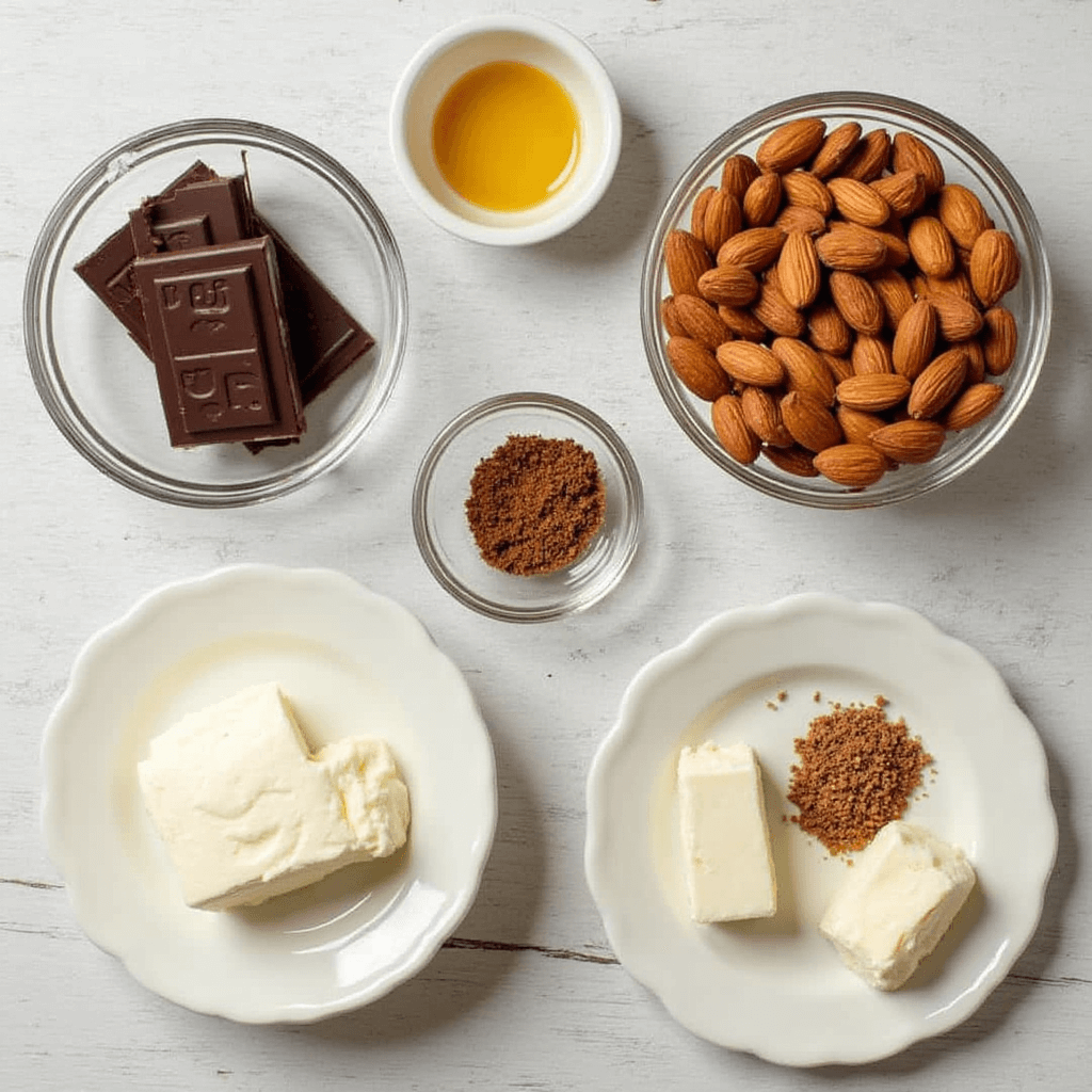 An overhead shot of the ingredients for homemade chocolate-covered almonds, including raw almonds, dark chocolate chunks, and optional toppings like sea salt and shredded coconut, neatly arranged on a kitchen countertop.

