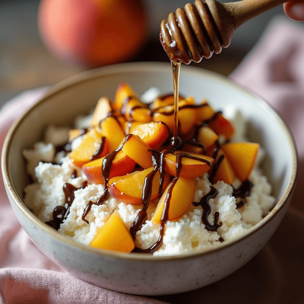A bowl of cottage cheese topped with peaches, drizzled with dark chocolate, with a hand adding honey.