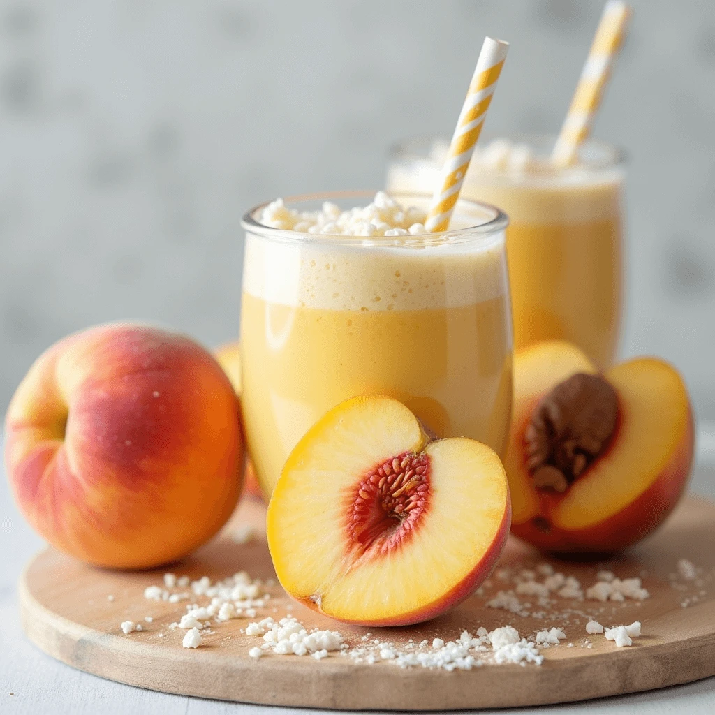 A creamy peach smoothie in a glass with a straw, garnished with a peach slice.