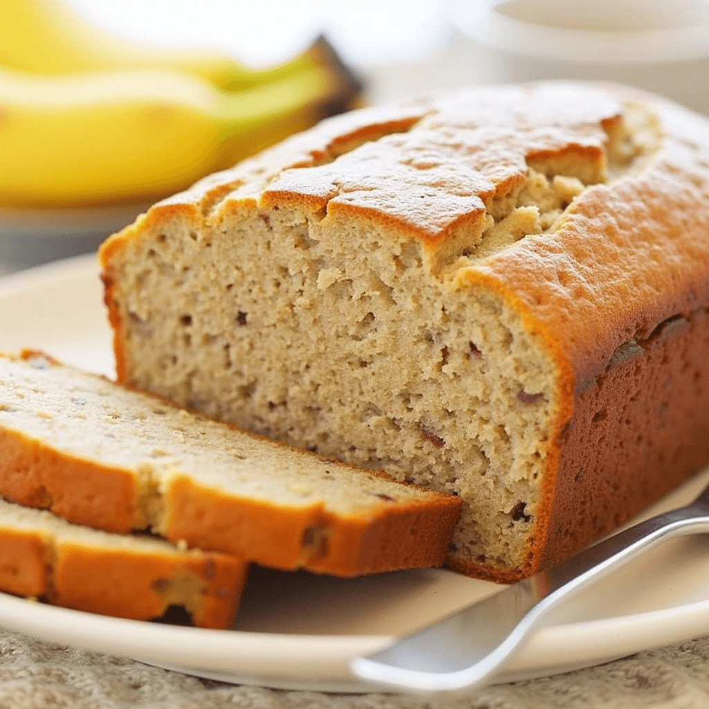 Freshly baked Cottage Cheese Banana Bread with a golden crust, sliced to reveal a moist and fluffy texture, served on a wooden cutting board.