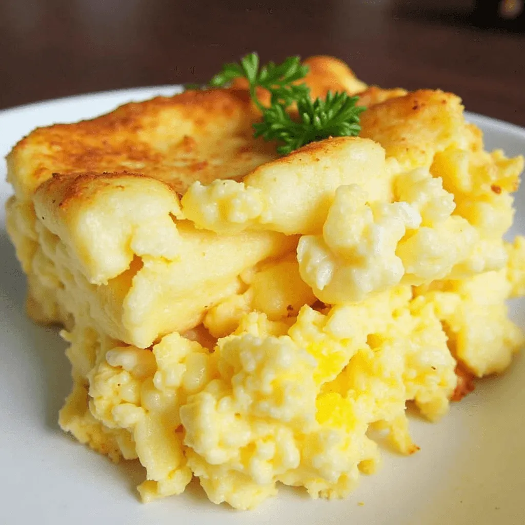 A slice of Cottage Cheese Egg Bake served on a white plate, showcasing a golden, fluffy texture.