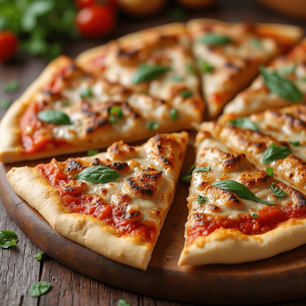 Realistic low-carb pizza crust topped with grilled chicken slices, showcasing a crispy crust and tender chicken.