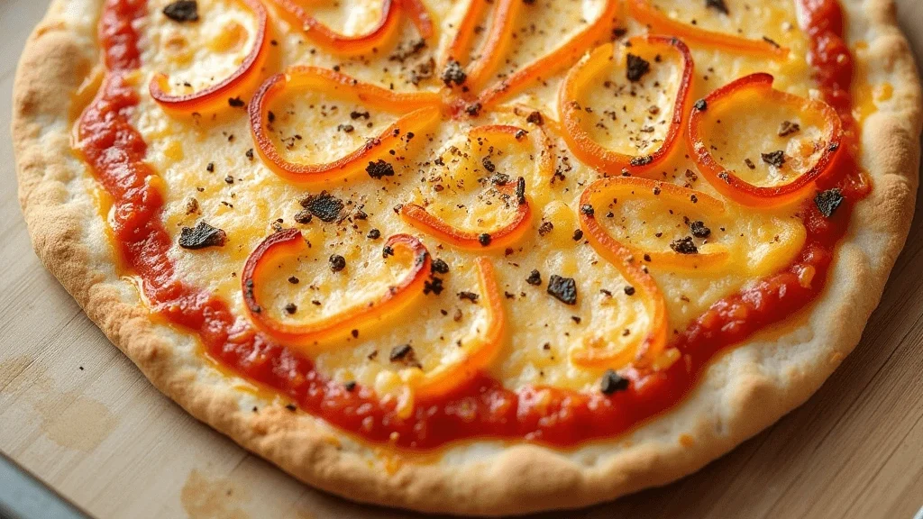 Low-carb pizza crust topped with a sprinkle of red pepper flakes, adding flavor and spice.