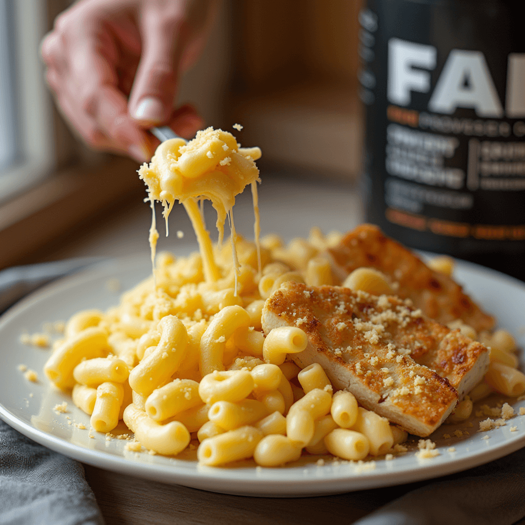 High-protein mac and cheese with grilled chicken, Parmesan, and scoop of unflavored whey protein