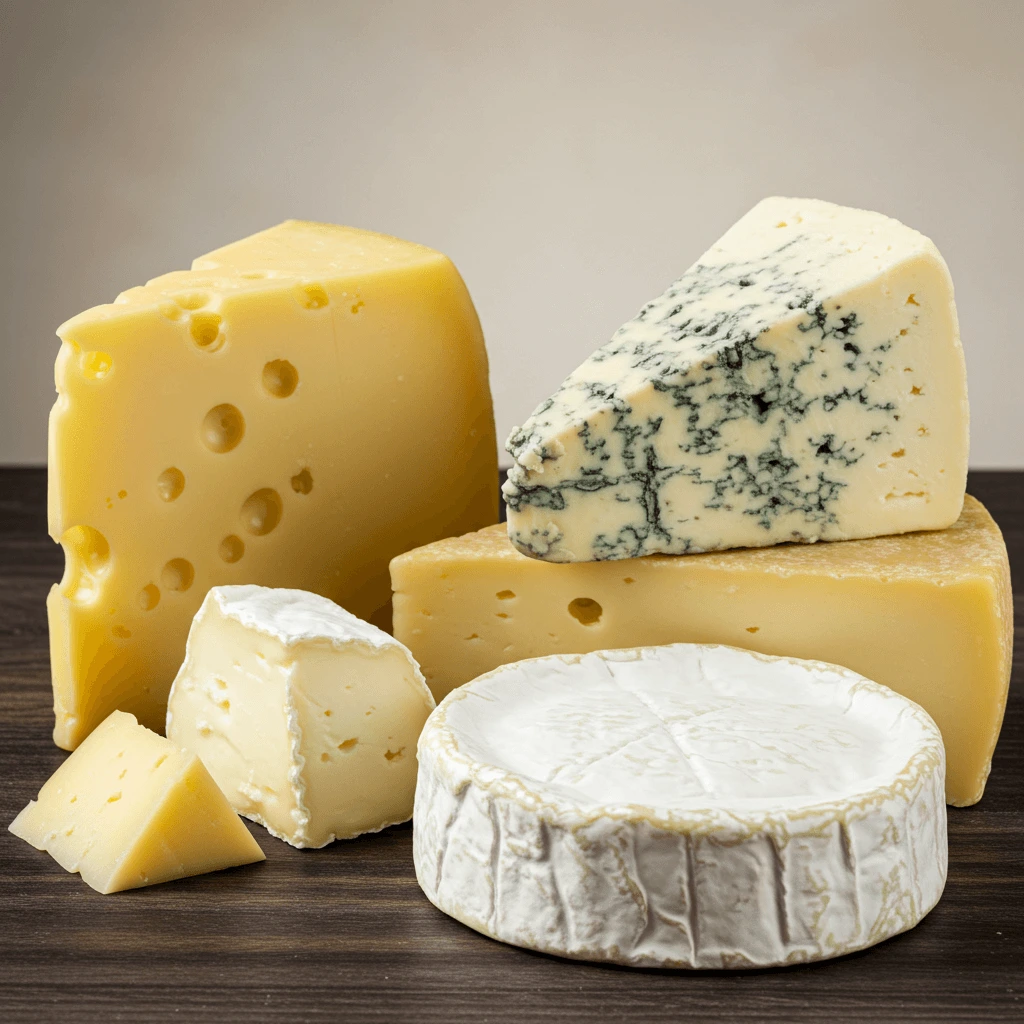 A wooden cheese board displaying various raw cheeses.