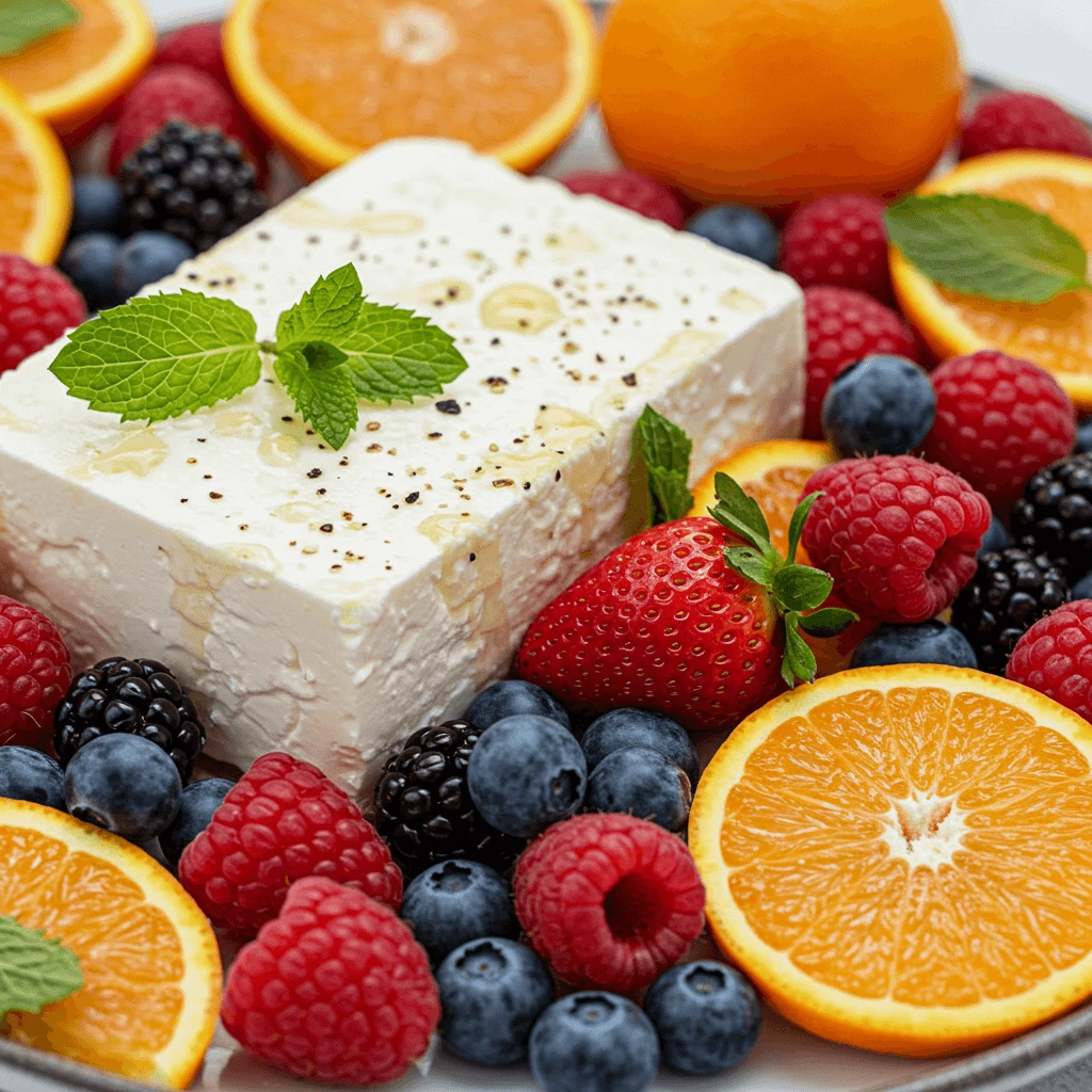 A vibrant salad featuring raw feta, mixed berries, and citrus slices.