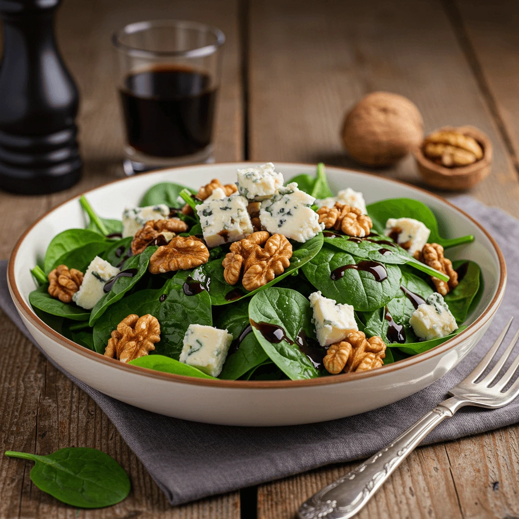 A fresh spinach and walnut salad topped with raw blue cheese crumbles.