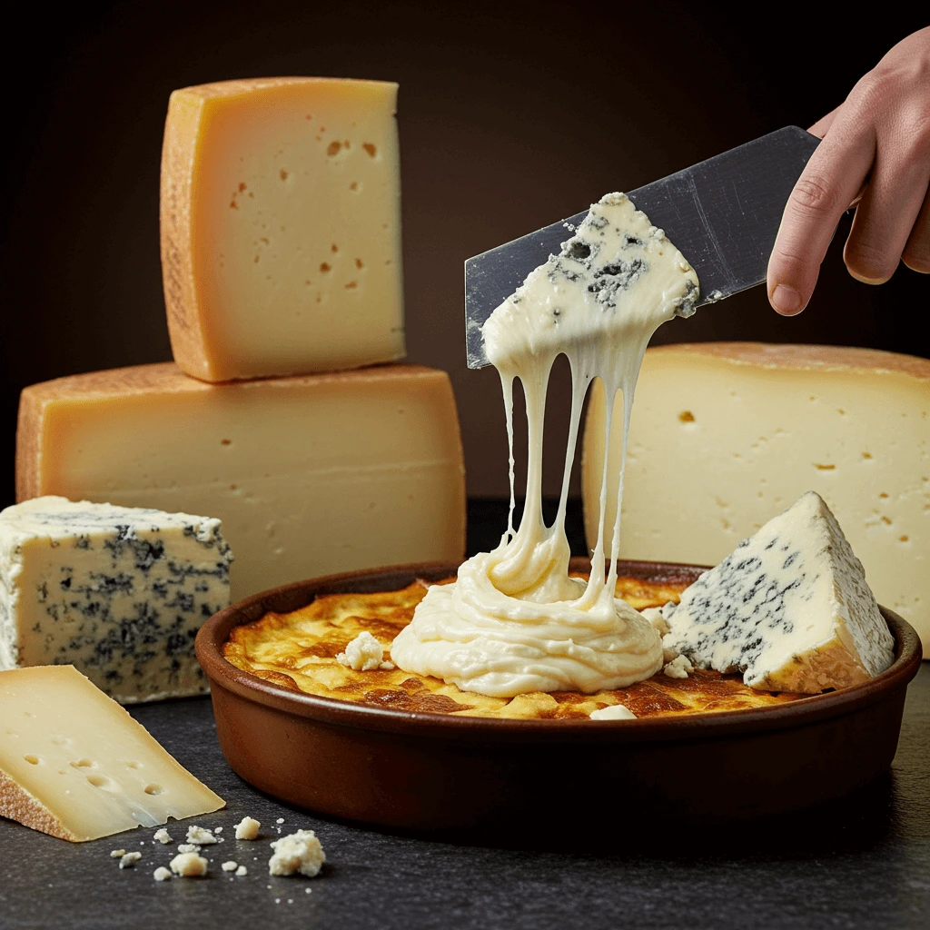 A variety of raw cheese being used in different recipes.