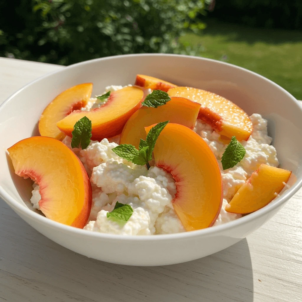 A close-up of a bowl filled with cottage cheese and fresh peach slices.