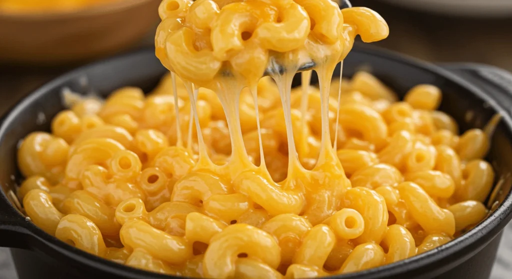 Gooey mac and cheese made with sharp cheddar cheese.