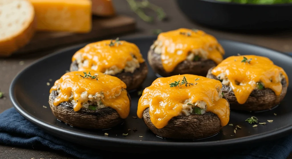Sharp cheddar stuffed mushrooms on a plate.
