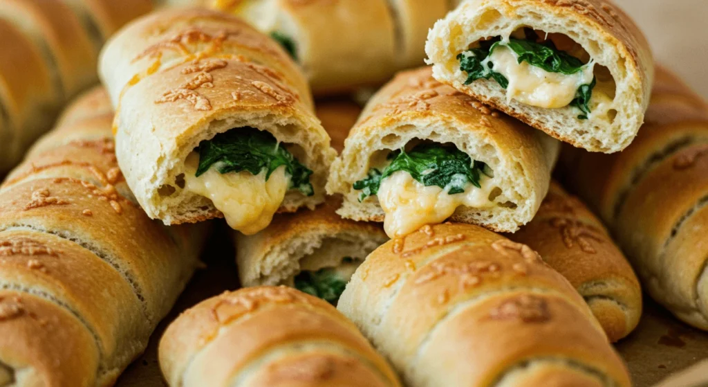 Freshly baked sharp cheddar and spinach stuffed breadsticks.