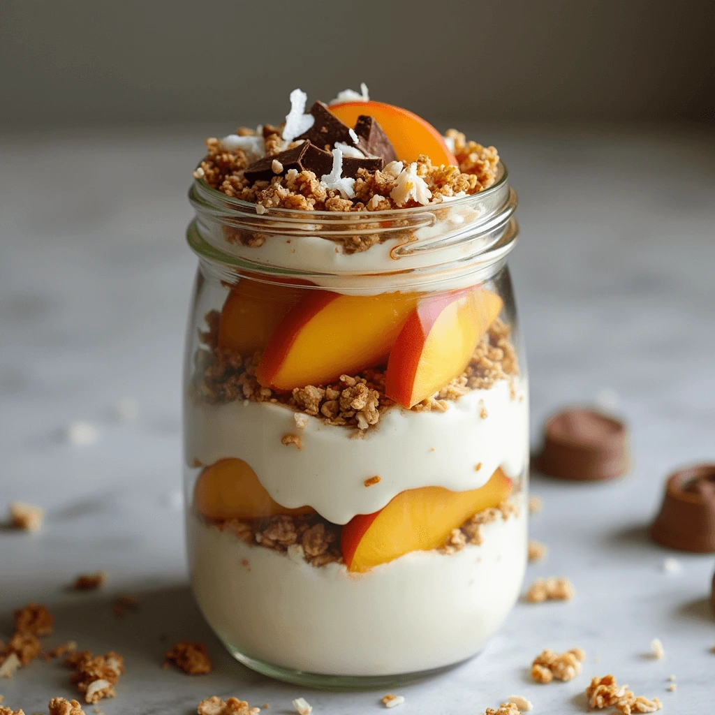 A beautifully layered jar with cottage cheese, peach slices, granola, and honey drizzle.