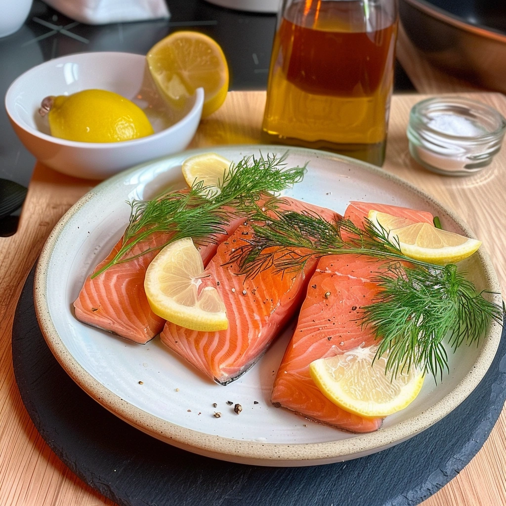Zutaten für Lachs im Airfryer mit frischem Dill, Zitrone, Olivenöl und Ahornsirup