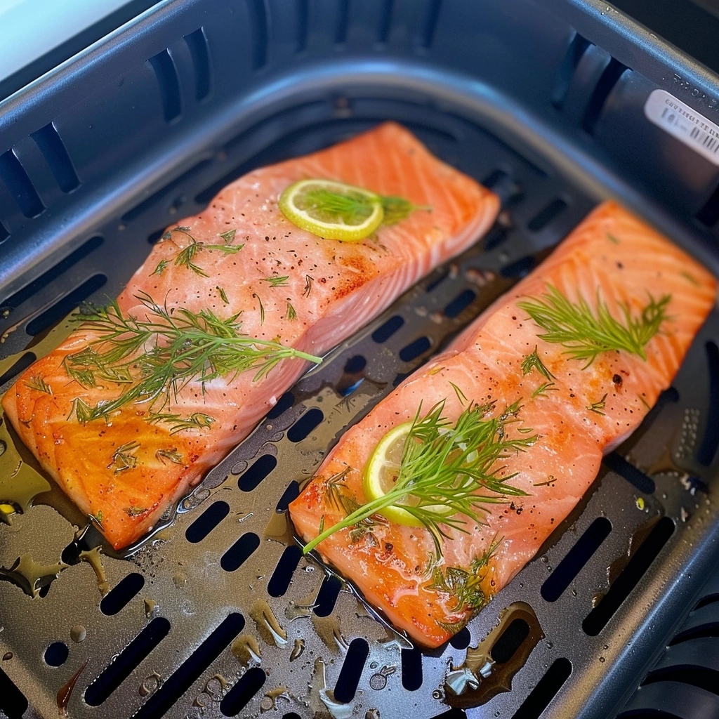Marinierte Lachsfilets mit Dill und Öl im Airfryer-Korb vor dem Garen