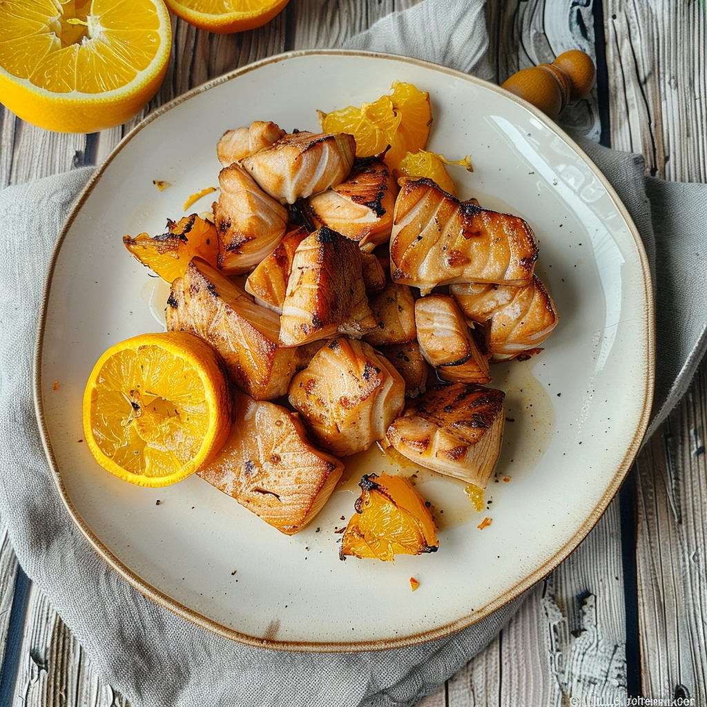 Lachs Airfryer Ninja mit frischer Orangenmarinade auf einem Teller


