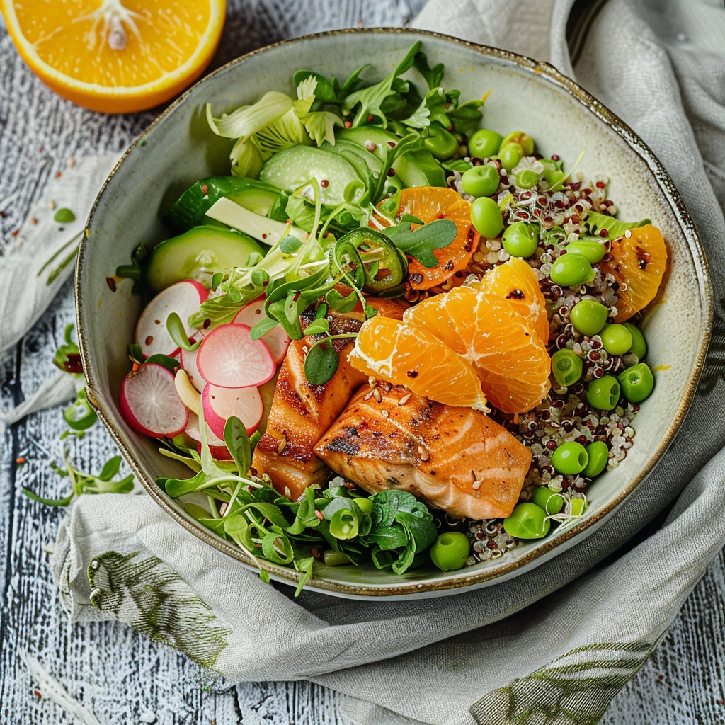 Lachs Airfryer Ninja Bowl mit Quinoa, Orangen und frischem Gemüse

