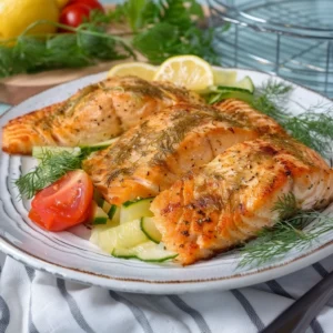 Lachs im Airfryer mit frischem Dill und Zitronenscheiben serviert