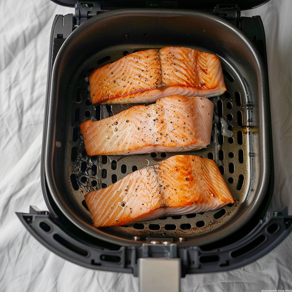 Lachs Airfryer Ninja Basisrezept mit vier goldbraunen Lachsfilets